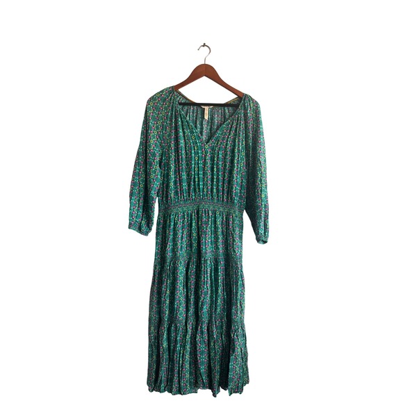 Matilda Jane Dresses & Skirts - Matilda Jane Green Floral Smocked Waist Tiered Midi Dress Womens Size Large